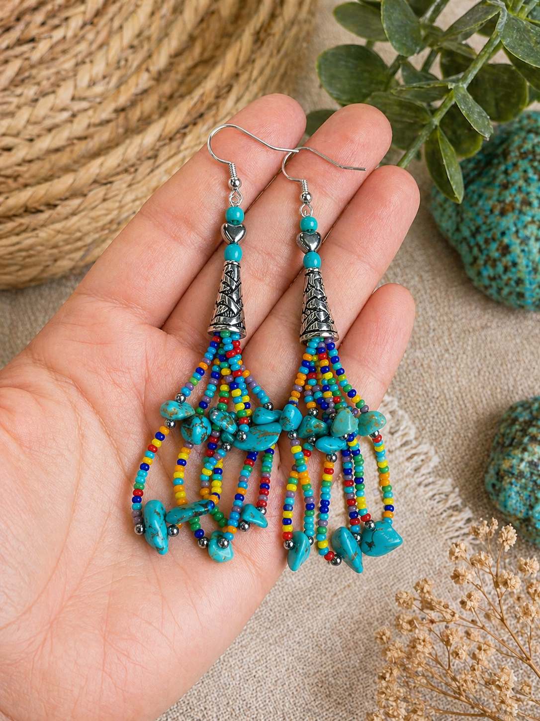 Boho Turquoise Beaded Dangle Earrings