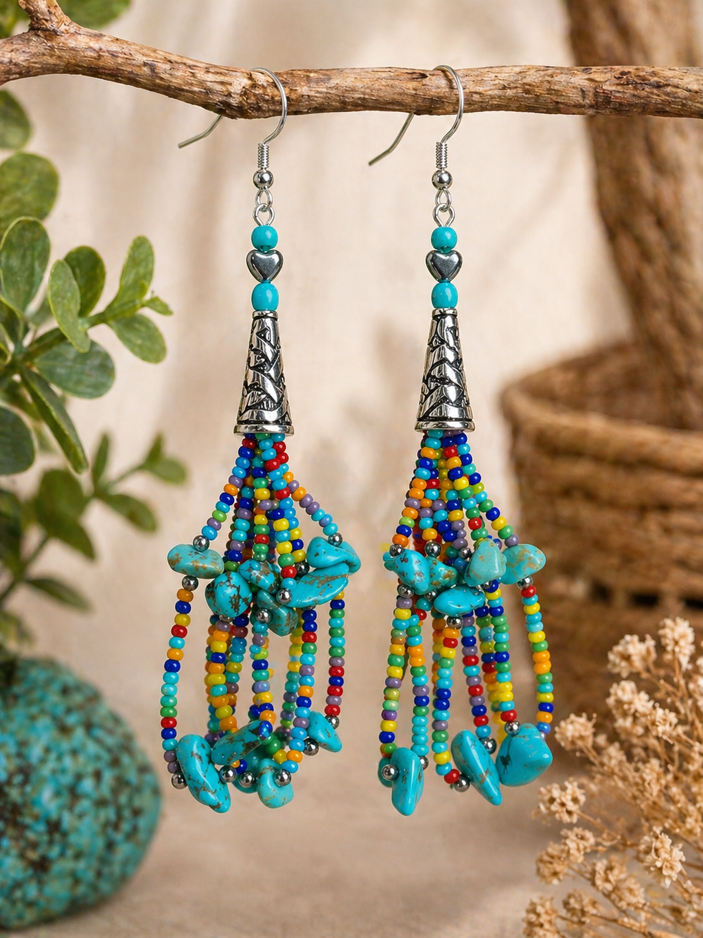 Boho Turquoise Beaded Dangle Earrings