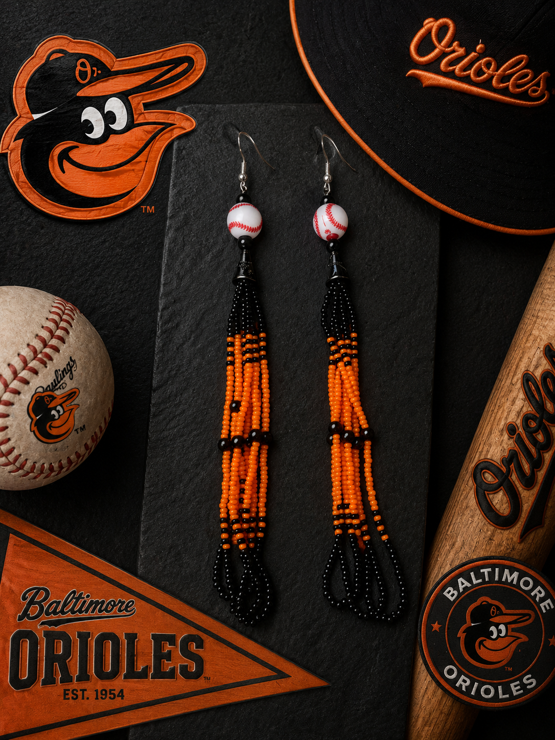 🧡 Baltimore Sunset Baseball Fringe Earrings