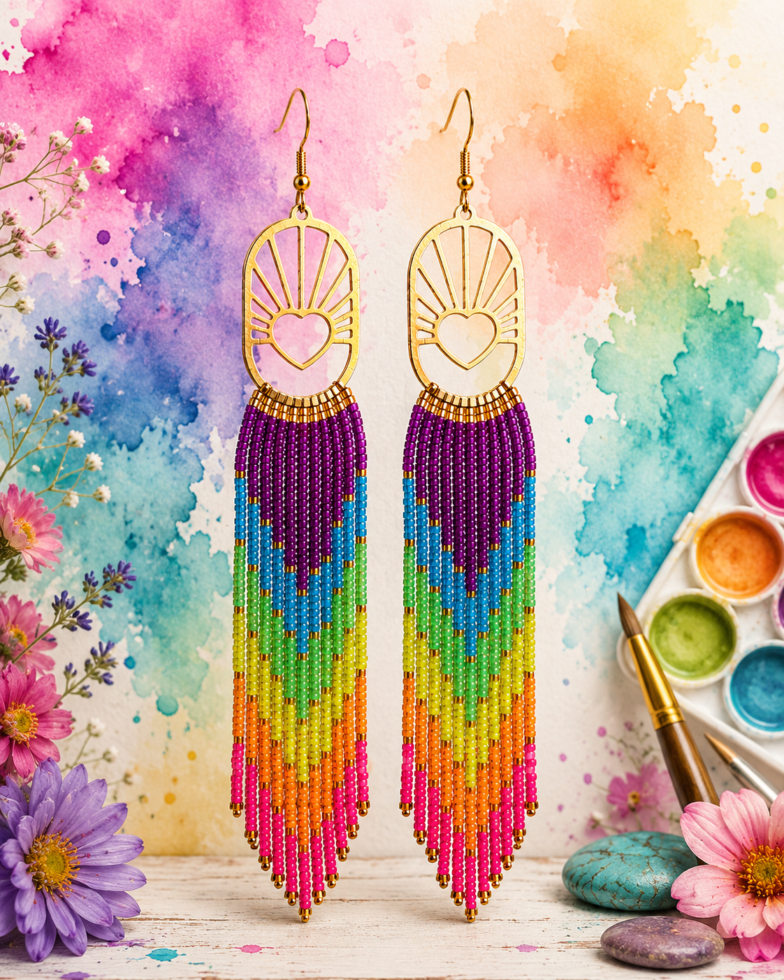 Watercolor Heartburst Fringe Earrings